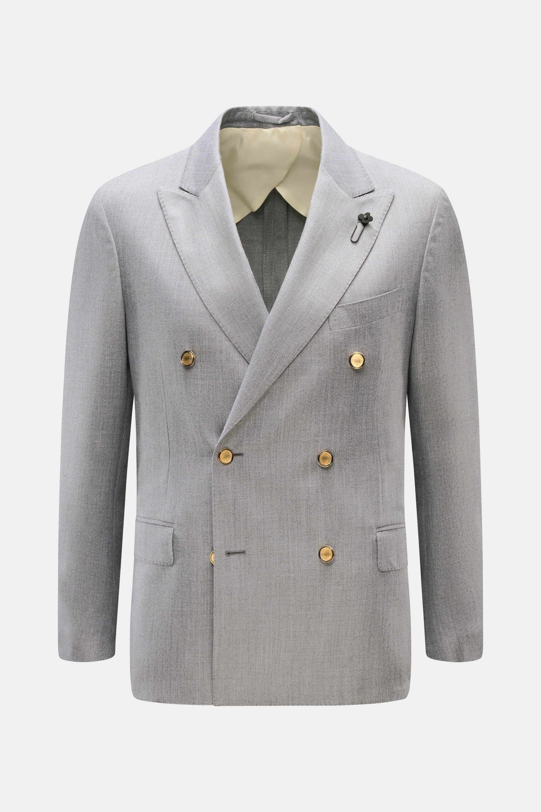 Lardini Sakko grau meliert, frontal fotografiert, Slim Fit, zweireihig mit goldenen Knöpfen, Spitzrevers und markantem Blüten-Anstecker.