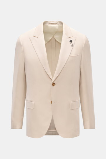 Lardini Sakko sand, frontale Nahaufnahme, Slim Fit, tailliert, Viskose-Seide, Zwei-Knopf-Stil, Spitzrevers mit Blüten-Anstecker, Hüfttaschen mit Patte.