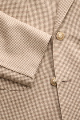 Brunello Cucinelli Sakko beige/hellbraun/taupe kariert, Slim Fit, feines Hahnentritt-Muster, zweireihig, spitzes Revers, goldene Knöpfe, Unconstructed Design.