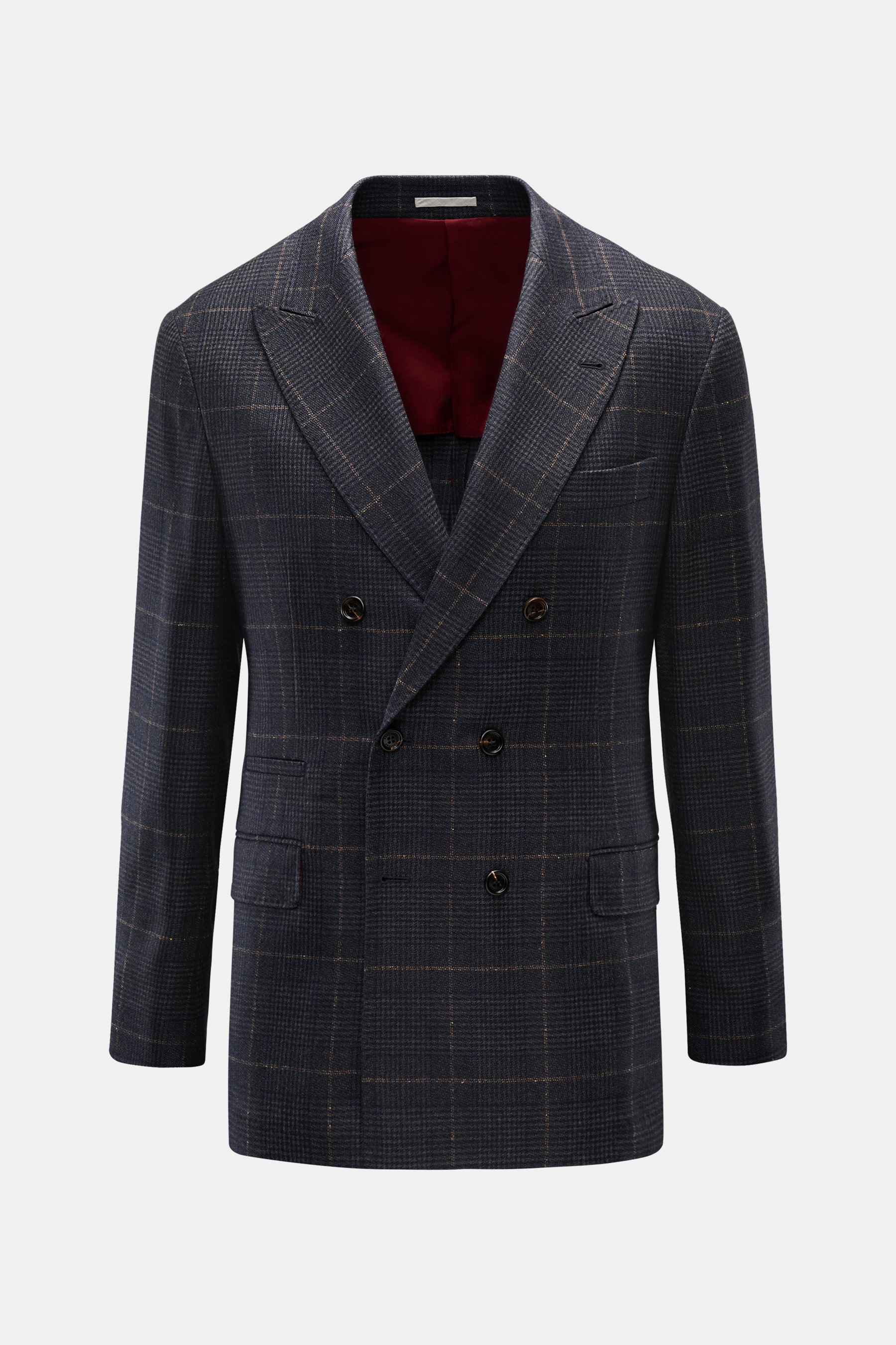 Brunello Cucinelli Sakko dunkelgrau/navy/hellbraun kariert, vorne fotografiert, Slim Fit, zweireihig, Spitzrevers, Cashmere-Schurwoll-Mix, Glencheck, weicher Griff, Brusttasche, Hüfttaschen mit Patte, kleine Billettasche, unfertige Ärmelabschlüsse, rückwä