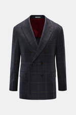 Front view of Brunello Cucinelli Smart-casual jacket dark grey/navy/light brown checked in a double-breasted slim fit with pointed lapels and classic pockets.
