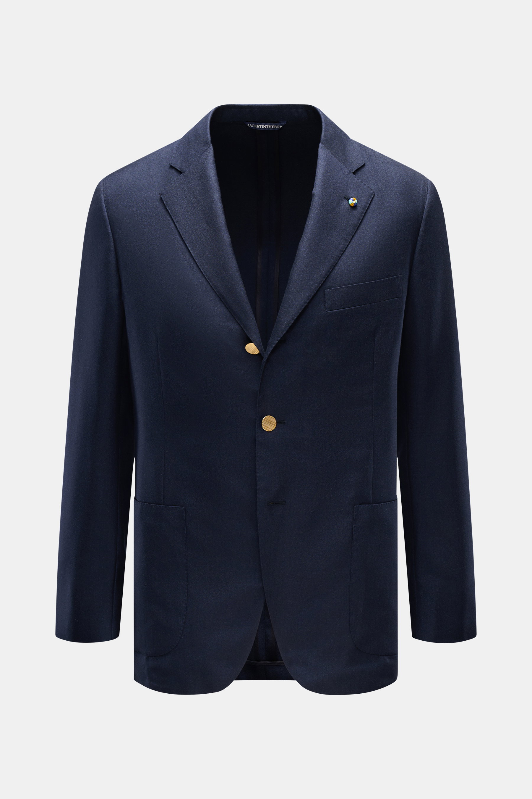 Front view of Belvest Smart-casual jacket navy in slim fit, cashmere-silk blend with fine twill, three-button style, step lapel with pin, breast and patch hip pockets, unfinished cuffs, side vents, and two inside pockets.