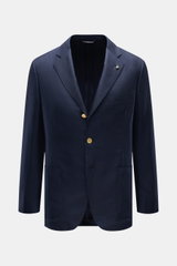 Front view of Belvest Smart-casual jacket navy in slim fit, cashmere-silk blend with fine twill, three-button style, step lapel with pin, breast and patch hip pockets, unfinished cuffs, side vents, and two inside pockets.