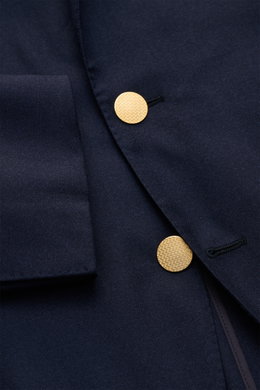 Close-up front view of the Belvest Smart-casual jacket navy showing its super soft cashmere-silk fabric, fine twill, slim fit, fitted three-button style with gold buttons, step lapel with pin, and unfinished sleeve cuffs. <p>BELVEST combines super soft fa