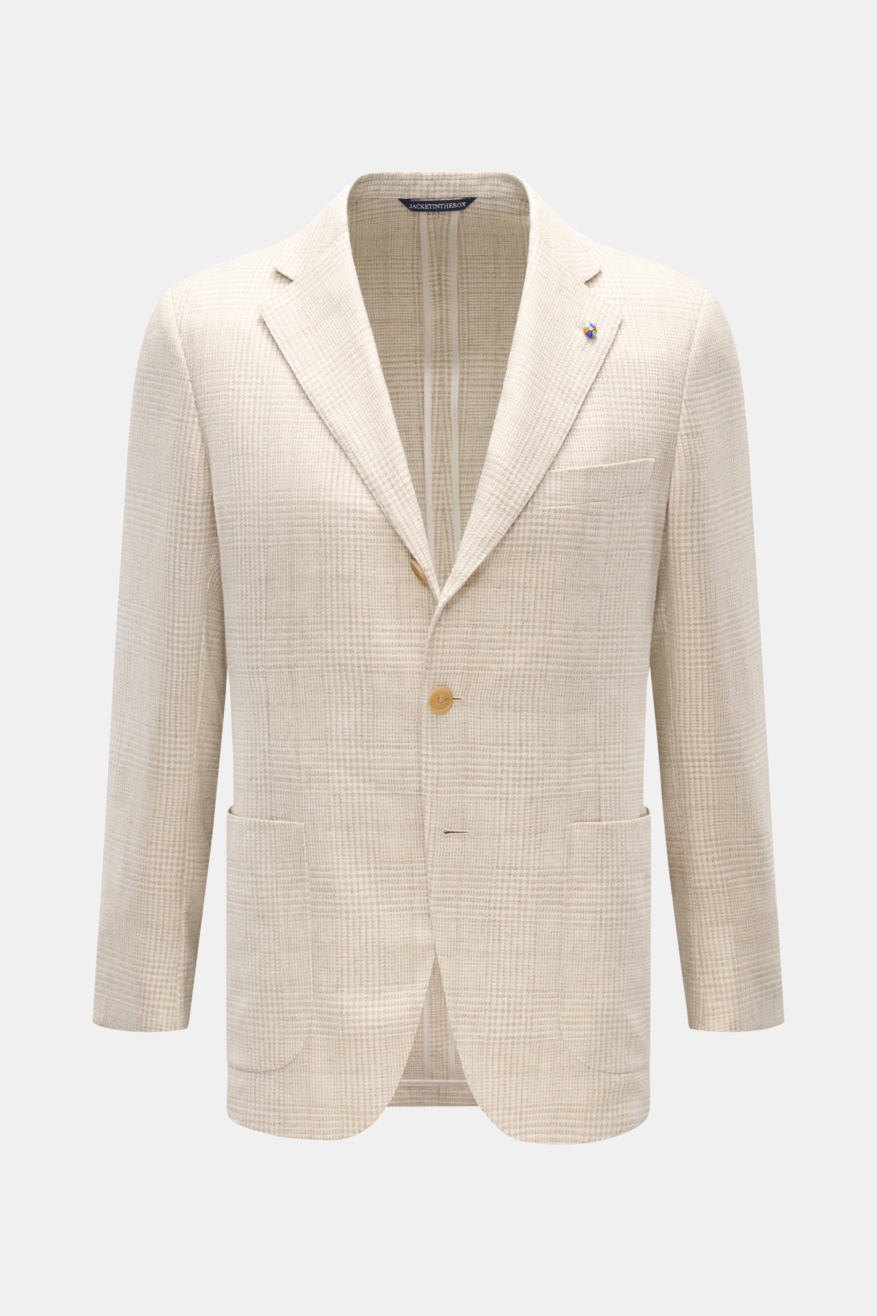 Belvest Sakko creme/beige kariert, frontal fotografiert, Slim Fit mit Glencheck-Muster, Woll-Leinen-Seide-Cashmere-Mix, tailliert, Drei-Knopf-Stil.