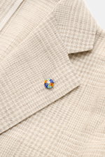 Close-up front angle of Belvest Smart-casual jacket cream/beige checked with soft wool, linen, silk, cashmere blend and classic glen check pattern, featuring slim fit, three-button style, step lapel with pin, breast and patch hip pockets, unfinished sleev