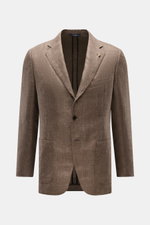Belvest Sakko graubraun meliert aus Leinen und Wolle, Slim Fit, taillierter Drei-Knopf-Stil, fallendes Revers mit Pin, klassische Brust- und aufgesetzte Hüfttaschen, Vorderansicht.
