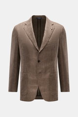 Belvest Sakko graubraun meliert aus Leinen und Wolle, Slim Fit, taillierter Drei-Knopf-Stil, fallendes Revers mit Pin, klassische Brust- und aufgesetzte Hüfttaschen, Vorderansicht.