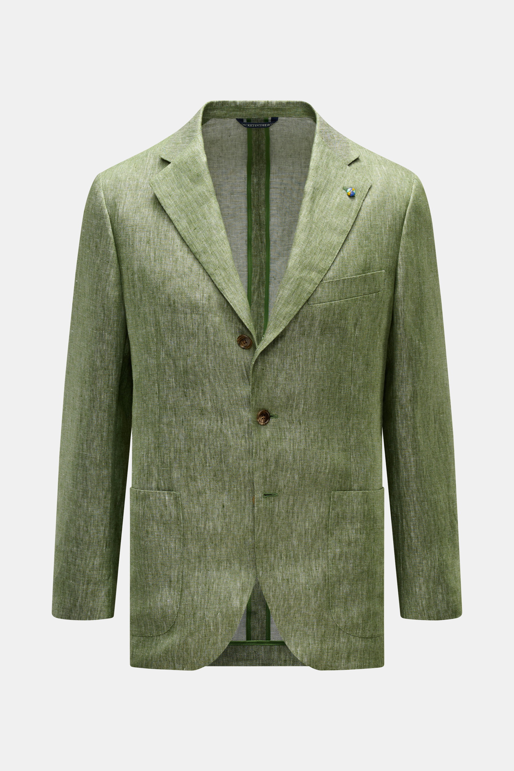 Belvest Leinensakko grün meliert, slim fit, tailliert, 3-Knopf, melierte Optik, weicher Griff, halb gefüttert, frontal fotografiert.