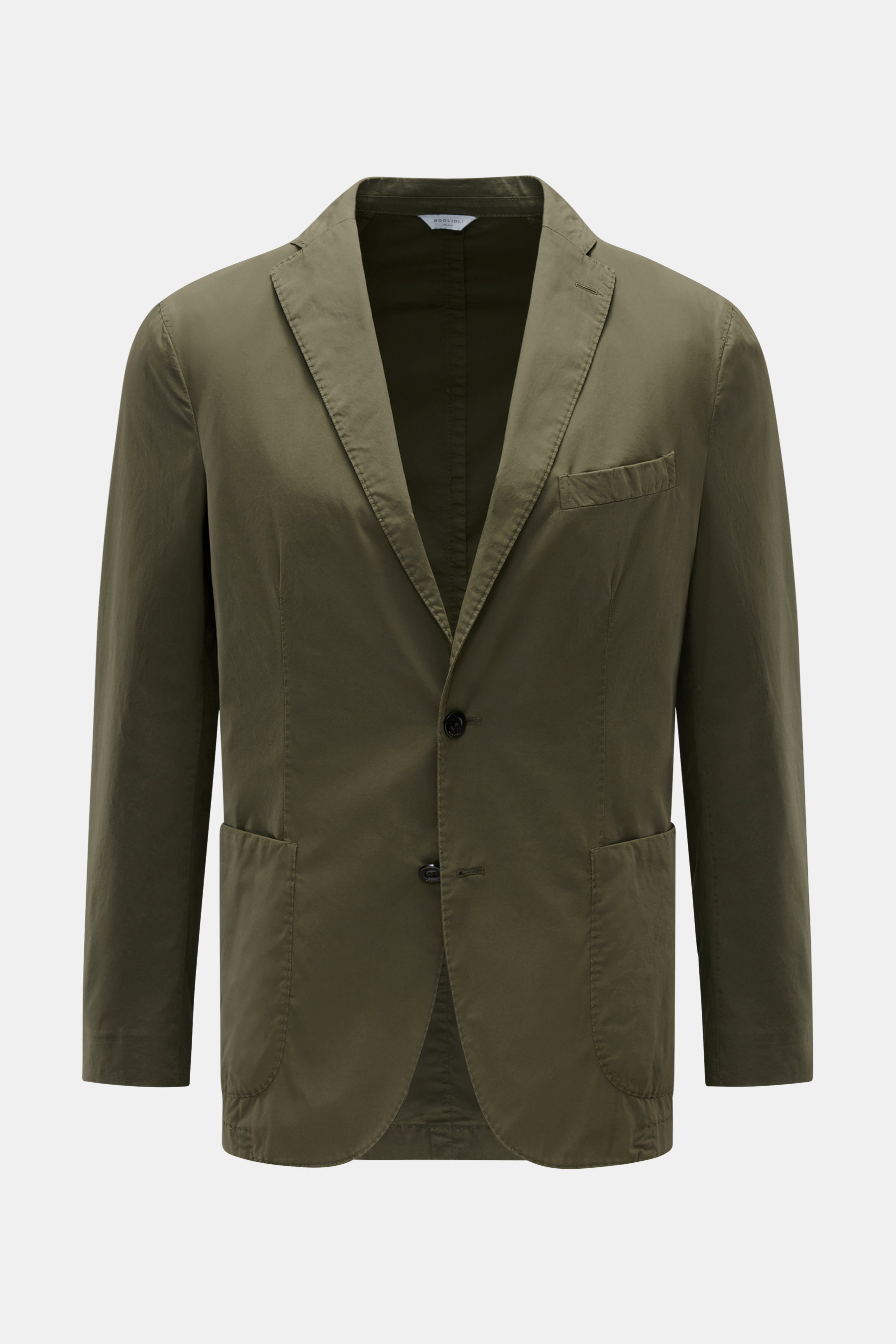 Boglioli Sakko 'K. Jacket' oliv, leichtes Baumwoll-Sakko mit Stretch, Slim Fit, tailliert, Zwei-Knopf-Stil, fallendes Revers, frontal fotografiert.
