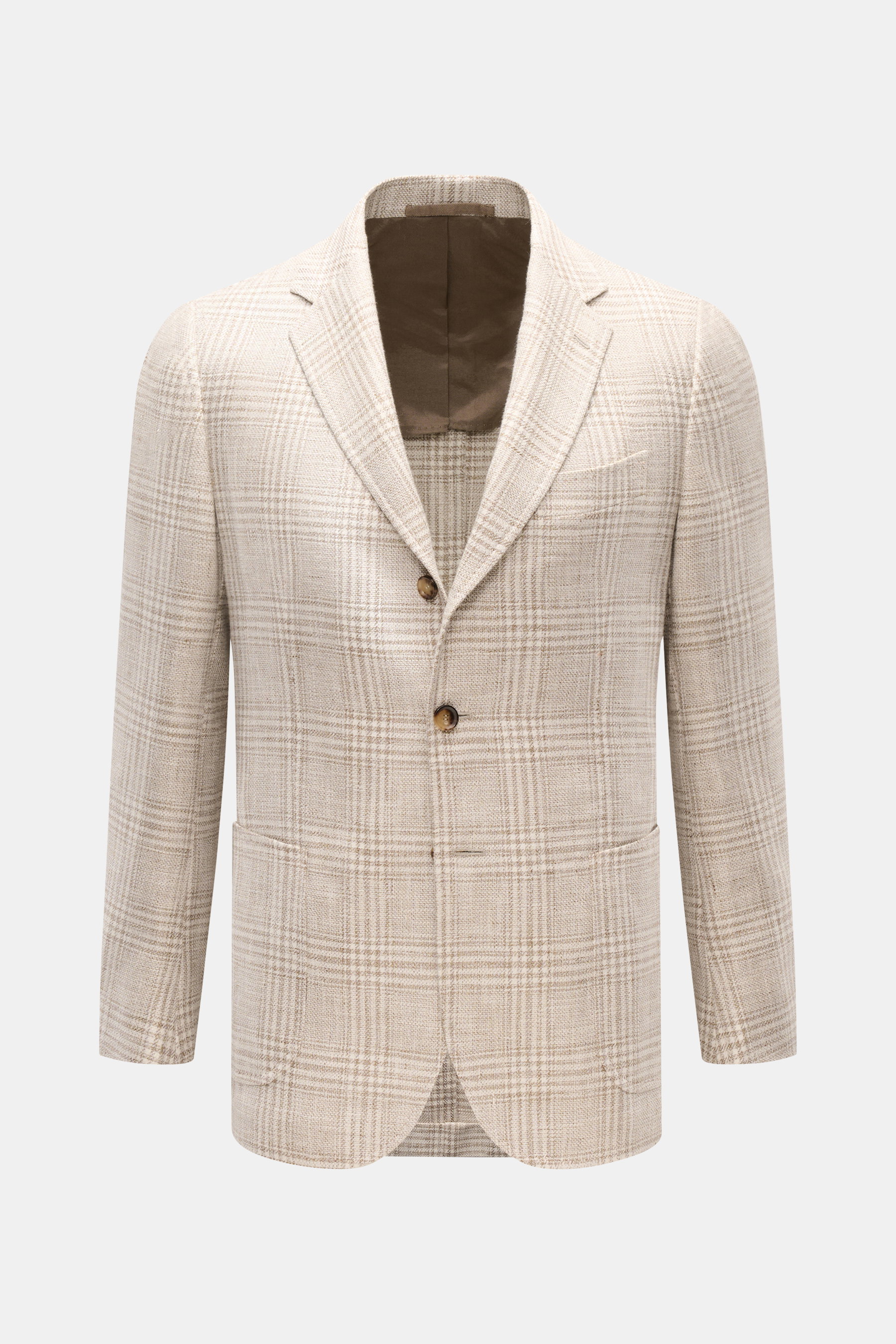 Frontale Aufnahme des Stile Latino Sakkos 'Vincenzo' braun/creme kariert aus leichtem Baumwolle-Wolle-Leinen-Mix, Slim Fit, Glencheck, drei Knöpfe, halbfutter, Brust- und Hüfttaschen.