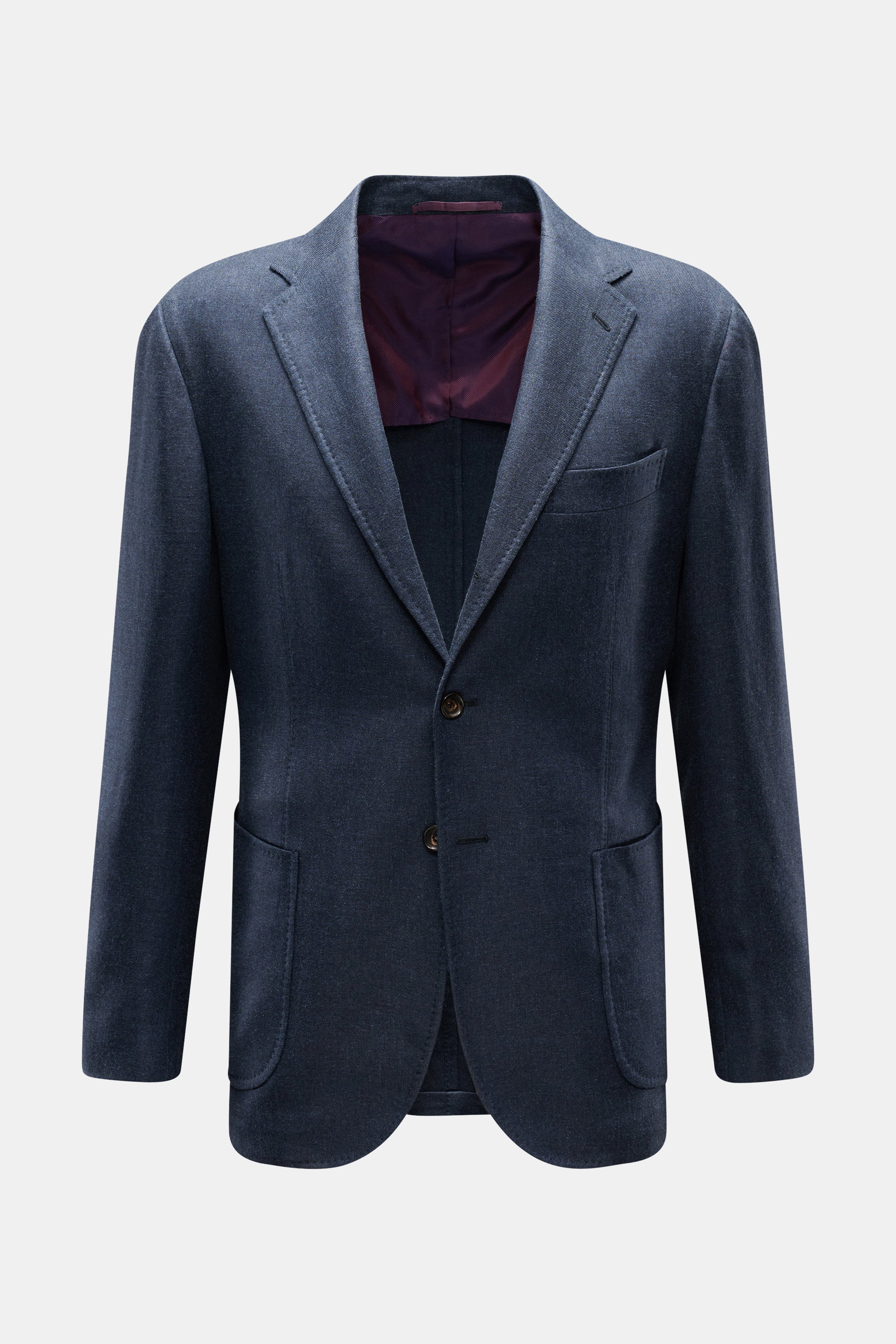 Stile Latino Sakko 'Vincenzo' navy meliert, Slim Fit, tailliert, aus Cashmere-Leinen-Mix, frontale Perspektive mit fallendem Revers und Taschen.