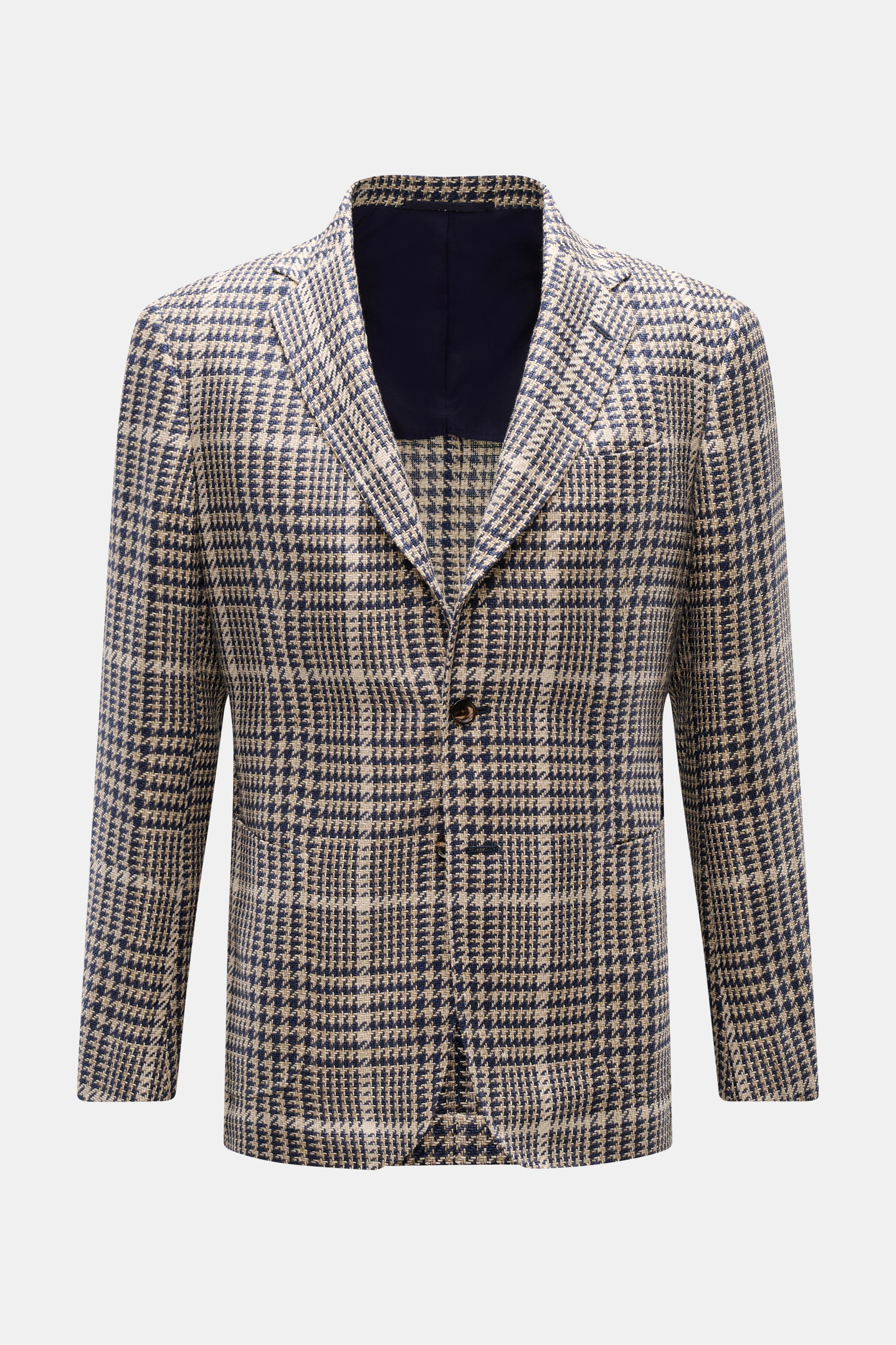 Stile Latino Sakko 'Vincenzo' navy/beige kariert, frontale Ansicht, leichter Glencheck aus Seide, Baumwolle, Leinen, Slim Fit, drei Knöpfe, halb gefüttert.