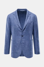 Sipario Sakko 'Ginza' graublau/schwarz kariert, Slim Fit, leichter Leinen-Seide-Mix, Glencheck, tailliert, Drei-Knopf, fallendes Revers, frontal fotografiert.