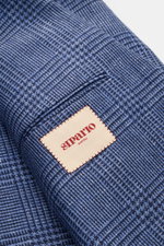 Nahaufnahme des graublau/schwarz karierten Sipario Sakkos 'Ginza' mit Glencheck-Muster, Label und leichter Leinen-Seide-Qualität.