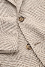 Sipario Sakko 'Ginza' taupe/creme kariert in Nahaufnahme, Glencheck-Muster, Leinen-Seide-Mix, Slim Fit, taillierter Drei-Knopf-Stil.
