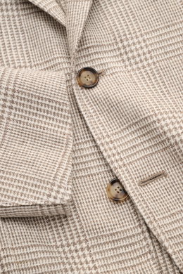 Sipario Sakko 'Ginza' taupe/creme kariert in Nahaufnahme, Glencheck-Muster, Leinen-Seide-Mix, Slim Fit, taillierter Drei-Knopf-Stil.