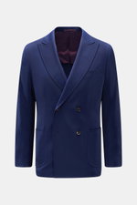 Front view of Sipario Smart-casual jacket 'Ivan' dark blue, double-breasted with two buttons, pointed lapel, classic breast pocket, patch hip pockets, made of pure wool with slightly elasticated fabric and soft feel.