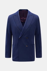 Front view of Sipario Smart-casual jacket 'Ivan' dark blue, double-breasted with two buttons, pointed lapel, classic breast pocket, patch hip pockets, made of pure wool with slightly elasticated fabric and soft feel.