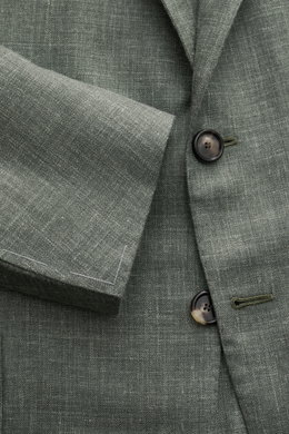 Nahaufnahme des Cesare Attolini Sakko graugrün meliert in Slim Fit, tailliert mit fallendem Revers und feinem tonalen Webmuster.