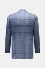 Rear view of Cesare Attolini Smart-casual jacket navy/grey-blue checked with wool, silk, linen blend, slim fit, step lapel, hip flap pockets.