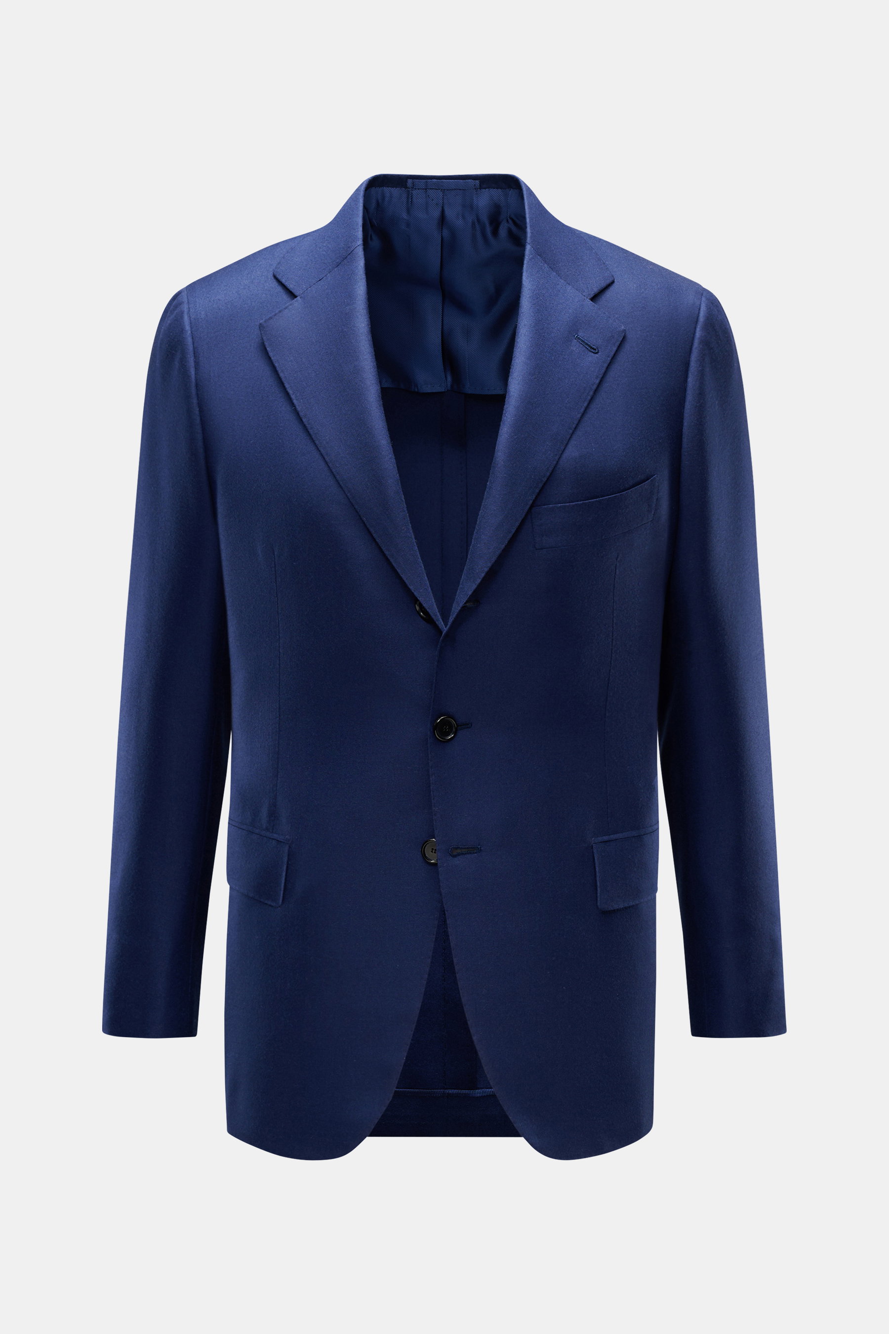 Cesare Attolini Cashmere Sakko dunkelblau, frontal fotografiert, Slim Fit, reiner Cashmere, fallendes Revers, Brust- und Hüfttaschen, drei Knöpfe.