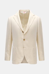 Borrelli Sakko 'Procida' creme, Slim Fit, taillierter Drei-Knopf-Stil, fallendes Revers, Brusttasche, Hüfttaschen, halb gefüttert, leichte Leinen-Seide-Baumwolle-Struktur, frontale Nahaufnahme.