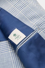 Borrelli Sakko 'Procida' rauchblau/offwhite kariert, Detailaufnahme Innenfutter blau mit Label, Wolle-Cashmere-Mix, Glencheck, Slim Fit.