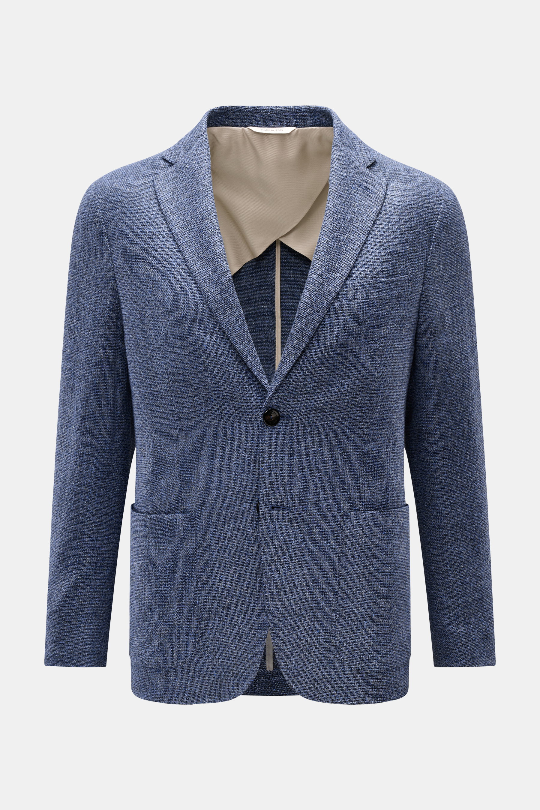 Agnona Smart-casual jacket smoky blue mottled shown from the front, featuring a slim fit, half-lined wool and silk blend, fitted two-button style with step lapel, classic breast pocket, patch hip pockets, kissing buttons, side vents at the back, and three
