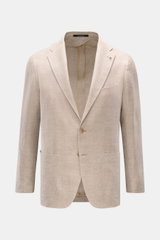 Tagliatore Sakko 'Monte Carlo' beige meliert, frontale Nahaufnahme, Leinen-Baumwoll-Mix, Fischgratstruktur, Slim Fit, zwei Knöpfe, fallendes Revers, Brust- und Hüfttaschen, Unconstructed Design.