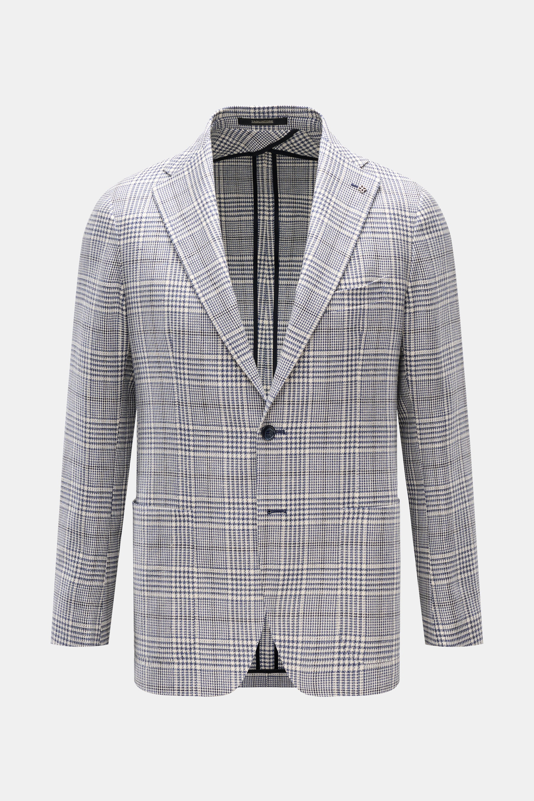 Tagliatore Sakko 'Monte Carlo' dunkelblau/creme kariert, frontale Nahaufnahme, Slim Fit, flaches Revers, zwei Knöpfe, Leinen-Baumwoll-Mix, Glencheck-Muster.