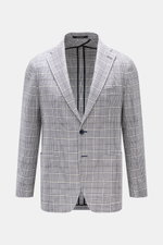 Tagliatore Sakko 'Monte Carlo' dunkelblau/creme kariert, frontale Nahaufnahme, Slim Fit, flaches Revers, zwei Knöpfe, Leinen-Baumwoll-Mix, Glencheck-Muster.
