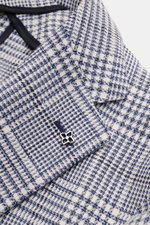 Tagliatore Sakko 'Monte Carlo' dunkelblau/creme kariert, Detailaufnahme von Revers und Kragen, Glencheck, Leinen-Baumwoll-Mix, Unconstructed Design, Pin am fallenden Revers.