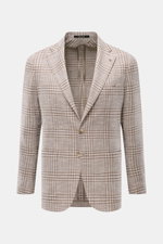 Tagliatore Sakko 'Monte Carlo' beige/taupe kariert, Unconstructed-Verarbeitung, Slim Fit, Zwei-Knopf, fallendes Revers, Pin, Brusttasche, Hüfttaschen, Ärmelsaum unfertig, Rückenschlitze, Vorderansicht.