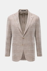 Tagliatore Sakko 'Monte Carlo' beige/taupe kariert, Unconstructed-Verarbeitung, Slim Fit, Zwei-Knopf, fallendes Revers, Pin, Brusttasche, Hüfttaschen, Ärmelsaum unfertig, Rückenschlitze, Vorderansicht.
