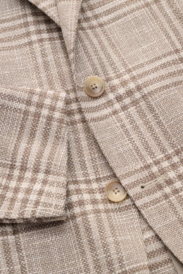 Nahaufnahme des Tagliatore Sakko 'Monte Carlo' beige/taupe kariert zeigt Unconstructed-Verarbeitung, Strukturgewebe und zwei Knöpfe.