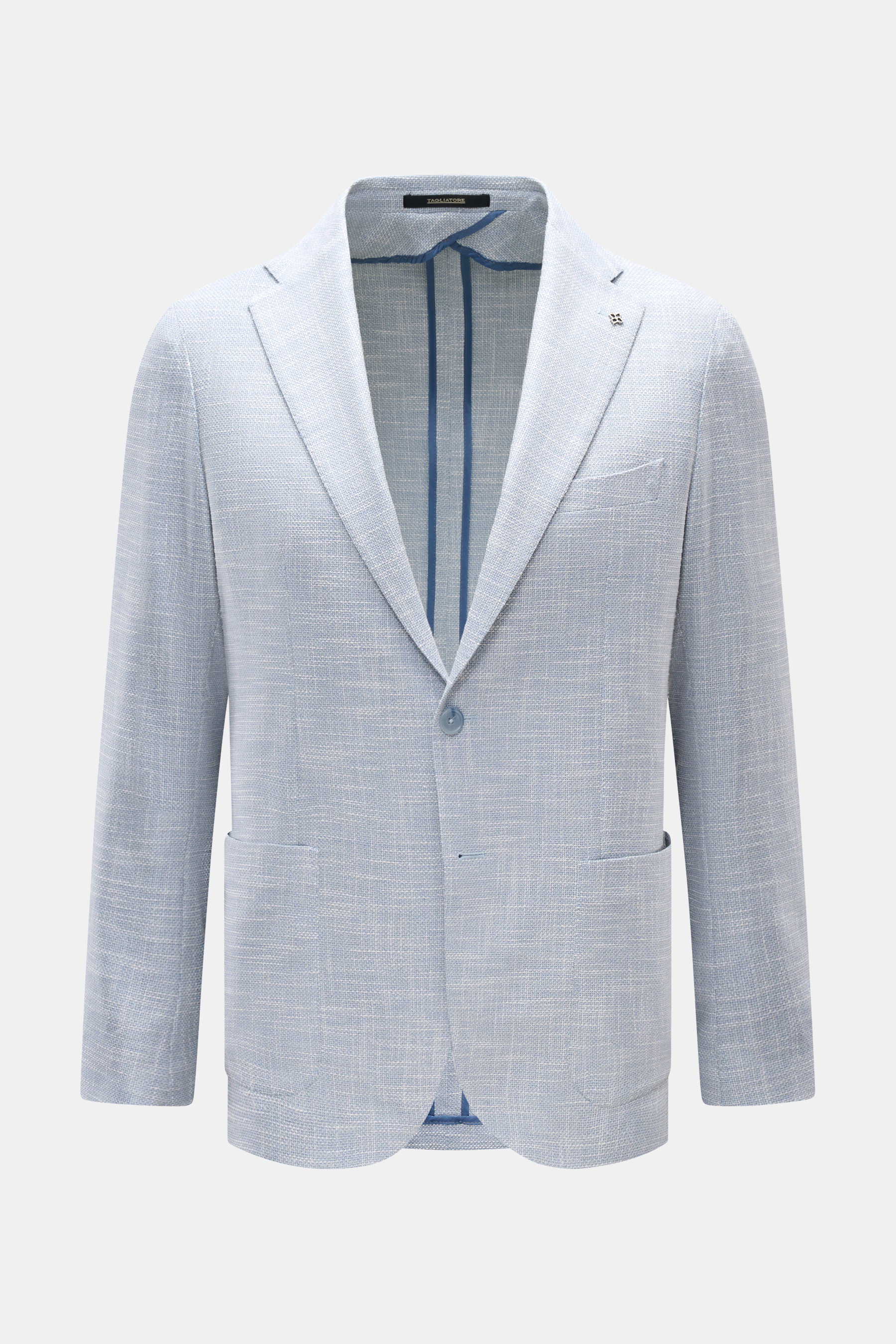 Frontansicht des Tagliatore Sakko 'Monte Carlo' rauchblau/weiß meliert mit Unconstructed-Verarbeitung, Slim Fit, zwei Knöpfen, fallendem Revers, weichem Griff, Strukturgewebe und aufgesetzten Hüfttaschen.