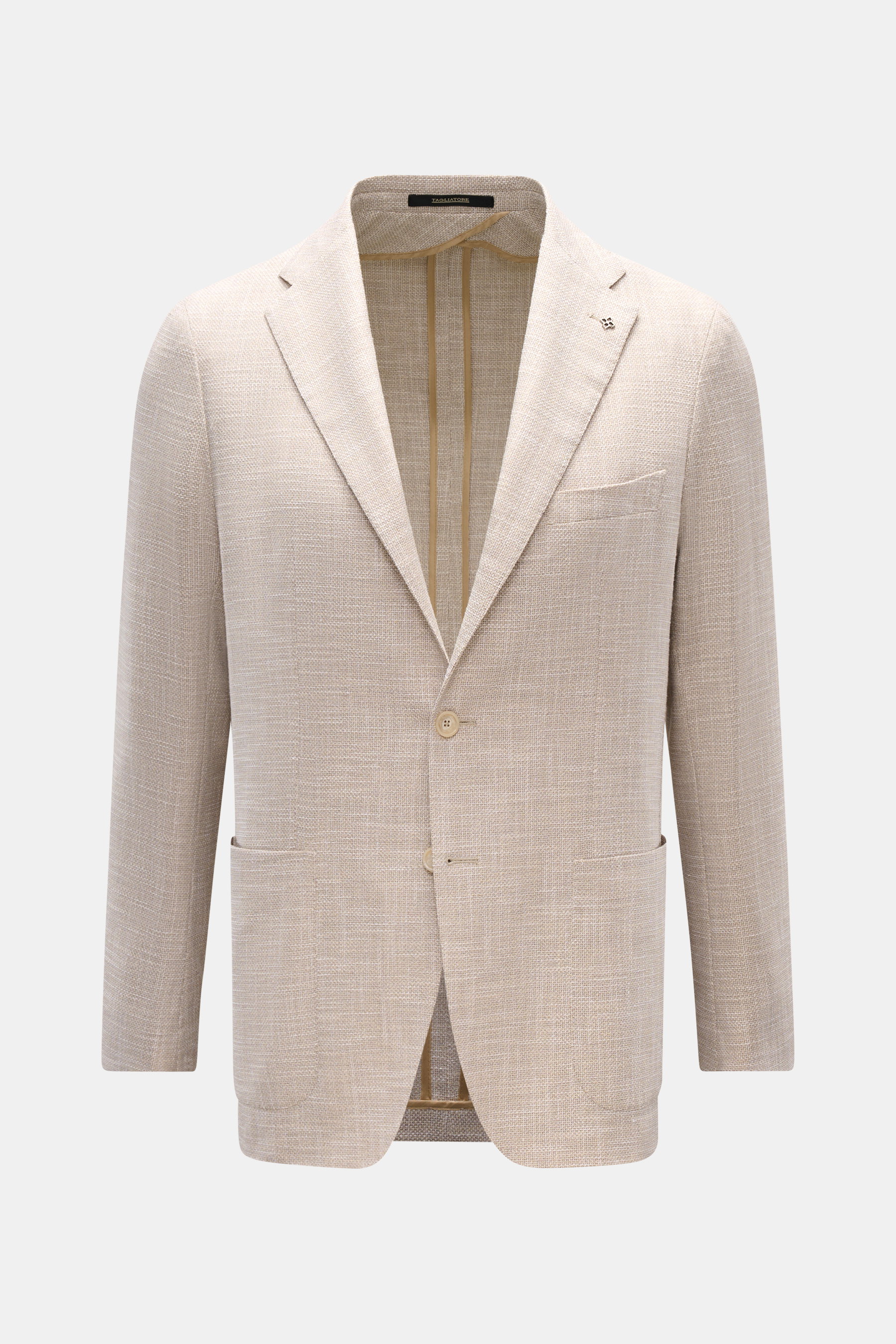 Tagliatore Sakko 'Monte Carlo' beige meliert, frontal fotografiert, Unconstructed Design, Slim Fit, Woll-Baumwoll-Seide-Mix, zwei Knöpfe, fallendes Revers, Brust- und Hüfttaschen, weiche Struktur.