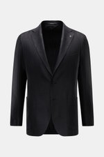 Tagliatore Sakko 'Monte Carlo' schwarz, frontale Ansicht, Slim Fit, Mix aus Seide und Schurwolle, tailliert, zwei Knöpfe, fallendes Revers, Pin am Revers, Brust- und Hüfttaschen, Unconstructed Design.