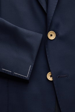 Tagliatore Sakko 'Monte Carlo' navy in Nahaufnahme von Ärmel und zwei goldenen Knöpfen, Super 110'S Schurwolle, Slim Fit, Twill-Struktur.