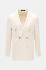 Tagliatore Sakko 'Vesuvio' creme, frontal fotografiert, Slim Fit, zweireihig, 3-Knopf-Stil, Spitzrevers, weiches, sommerliches Material mit markanter Webstruktur.