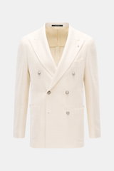 Tagliatore Sakko 'Vesuvio' creme, frontal fotografiert, Slim Fit, zweireihig, 3-Knopf-Stil, Spitzrevers, weiches, sommerliches Material mit markanter Webstruktur.