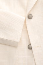 Tagliatore Sakko 'Vesuvio' creme aus leichter Viskose-Baumwolle-Leinen-Mischung, Detailaufnahme von Ärmel, Knöpfen und Webstruktur, Slim Fit.