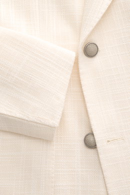 Tagliatore Sakko 'Vesuvio' creme aus leichter Viskose-Baumwolle-Leinen-Mischung, Detailaufnahme von Ärmel, Knöpfen und Webstruktur, Slim Fit.