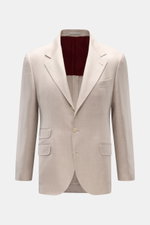 Brunello Cucinelli Sakko sand meliert, frontale Ansicht, melierter Cashmere-Seide-Mix, Slim Fit, taillierter Drei-Knopf-Stil mit Brust- und Hüfttaschen.