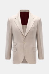 Brunello Cucinelli Sakko sand meliert, frontale Ansicht, melierter Cashmere-Seide-Mix, Slim Fit, taillierter Drei-Knopf-Stil mit Brust- und Hüfttaschen.