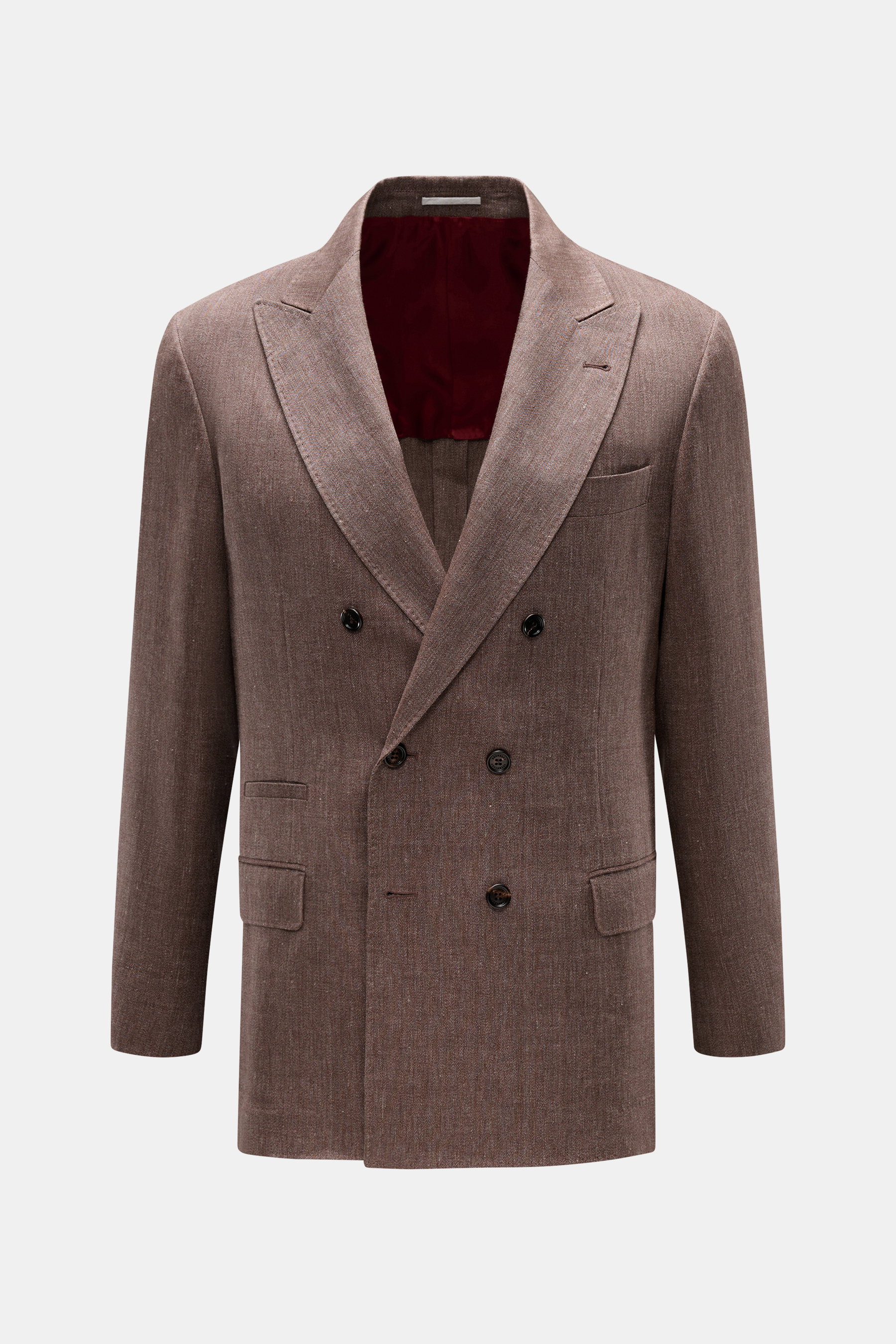 Brunello Cucinelli Sakko graubraun meliert, zweireihig, Slim Fit, Leinen-Woll-Mix, tonaler Fischgrat, Spitzrevers, klassische Taschen, frontal.
