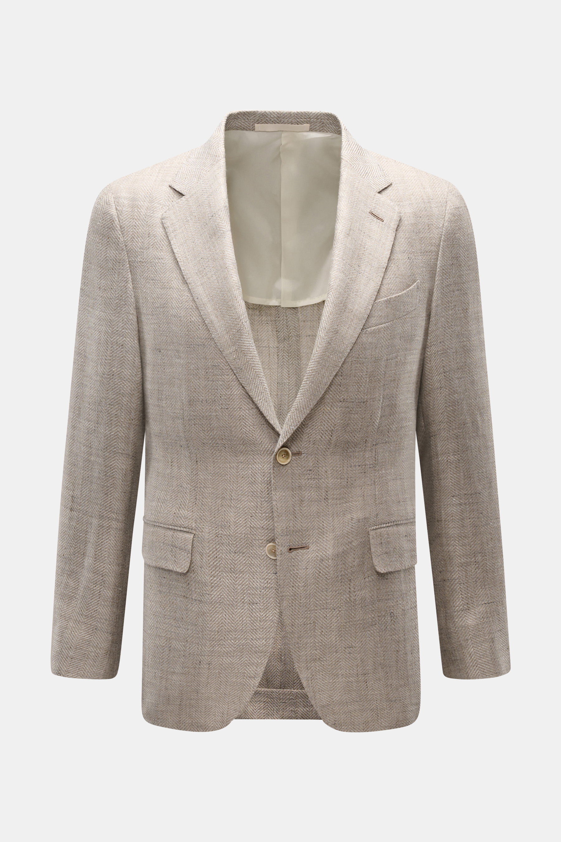 Front view of Caruso Smart-casual jacket 'Aida' beige mottled in linen-wool blend with slim fit, two-button style, herringbone texture, flap hip pockets, breast pocket, step lapel, unfinished cuffs, side vents, half lined with three inside pockets.