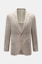 Caruso Sakko 'Aida' beige meliert in Slim Fit, frontale Ansicht mit Fischgratstruktur, Leinen-Woll-Mix, zwei Knöpfen, Brust- und Hüfttaschen.