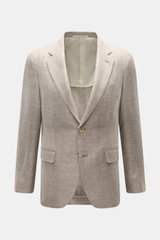 Caruso Sakko 'Aida' beige meliert in Slim Fit, frontale Ansicht mit Fischgratstruktur, Leinen-Woll-Mix, zwei Knöpfen, Brust- und Hüfttaschen.